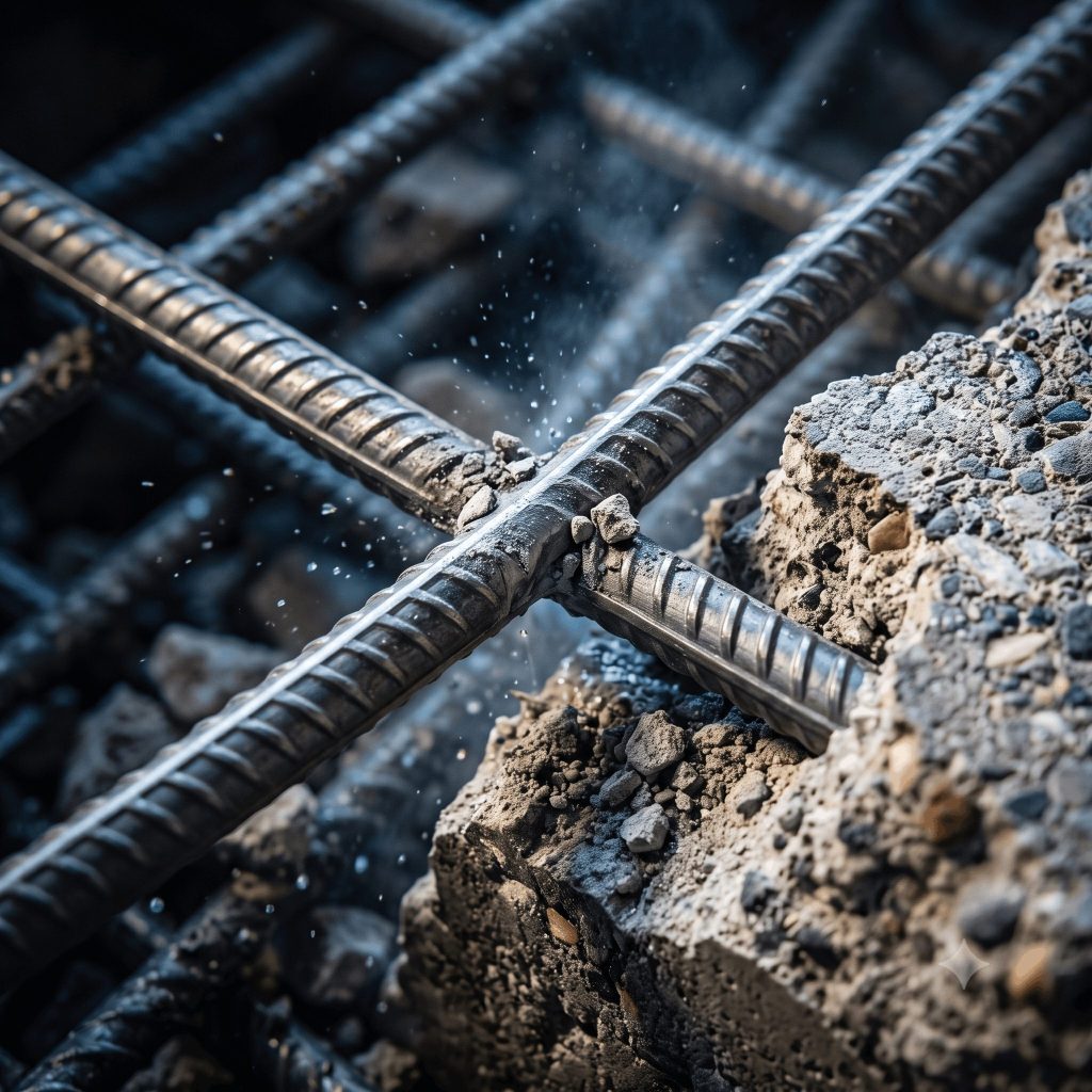 Gros plan macro sur des armatures d'acier proprement désenrobées par jet d'eau, béton fracturé chirurgicalement autour, aciers intacts et propres, texture granulaire rugueuse, éclairage technique.