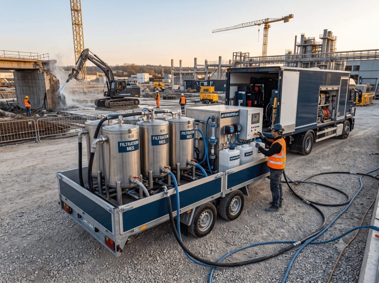 Station mobile de traitement des eaux de chantier sur remorque, cuves de filtration MES et régulation du pH, camion-atelier UHP en arrière-plan, ambiance industrielle propre.