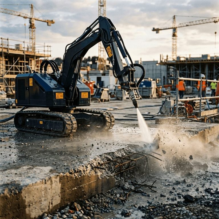 Robot d'hydrodémolition sur chenilles projetant un puissant jet d'eau UHP sur une dalle de béton armé, éclats et brume d'eau, chantier de génie civil, lumière crue de fin de journée, photoréaliste.